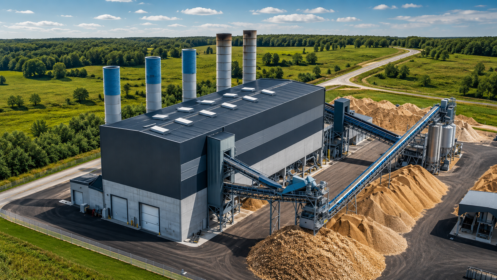 Biomass energy facility with fuel storage and conveyor
