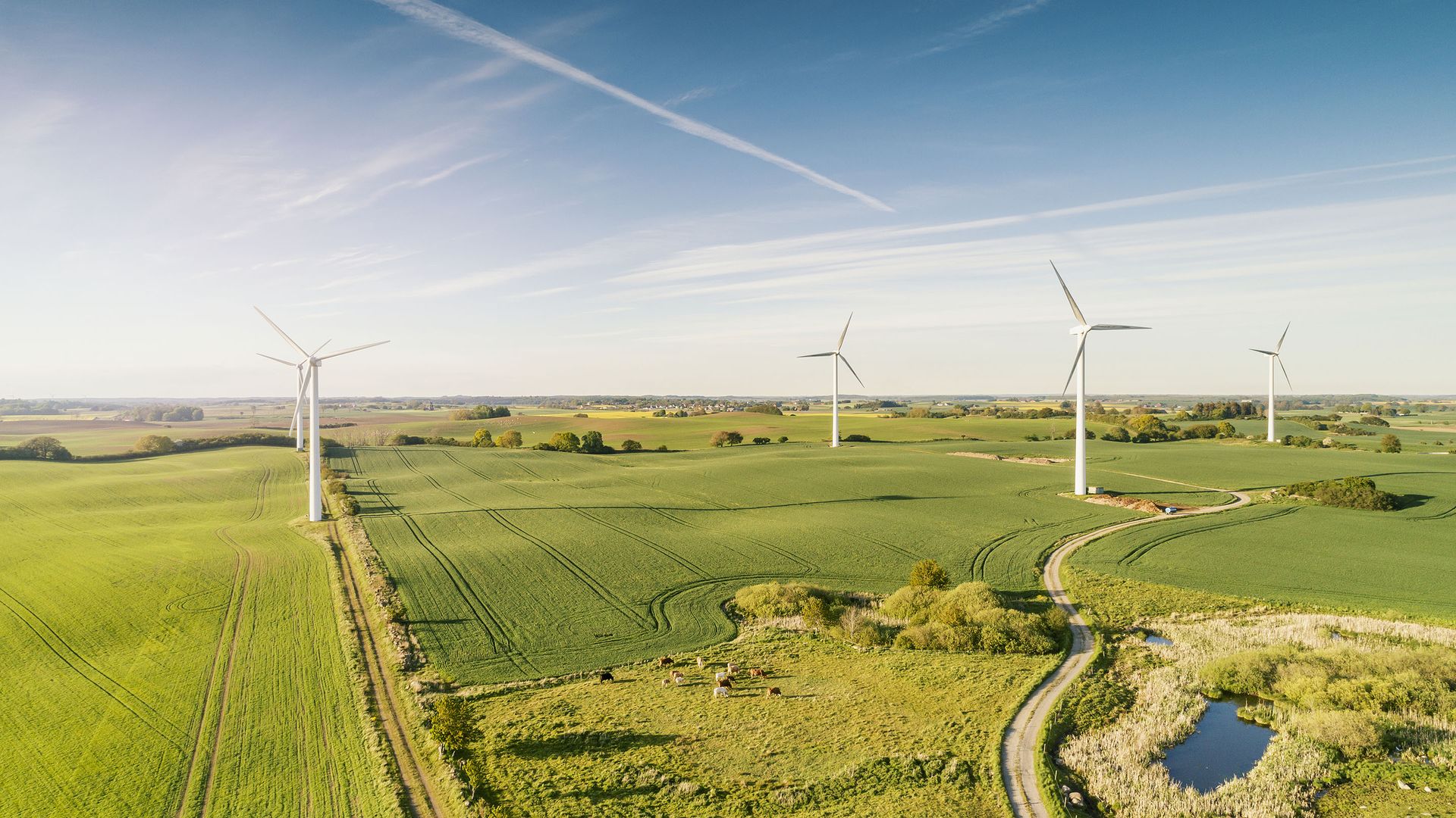 Éoliennes terrestres au-dessus de champs vallonnés
